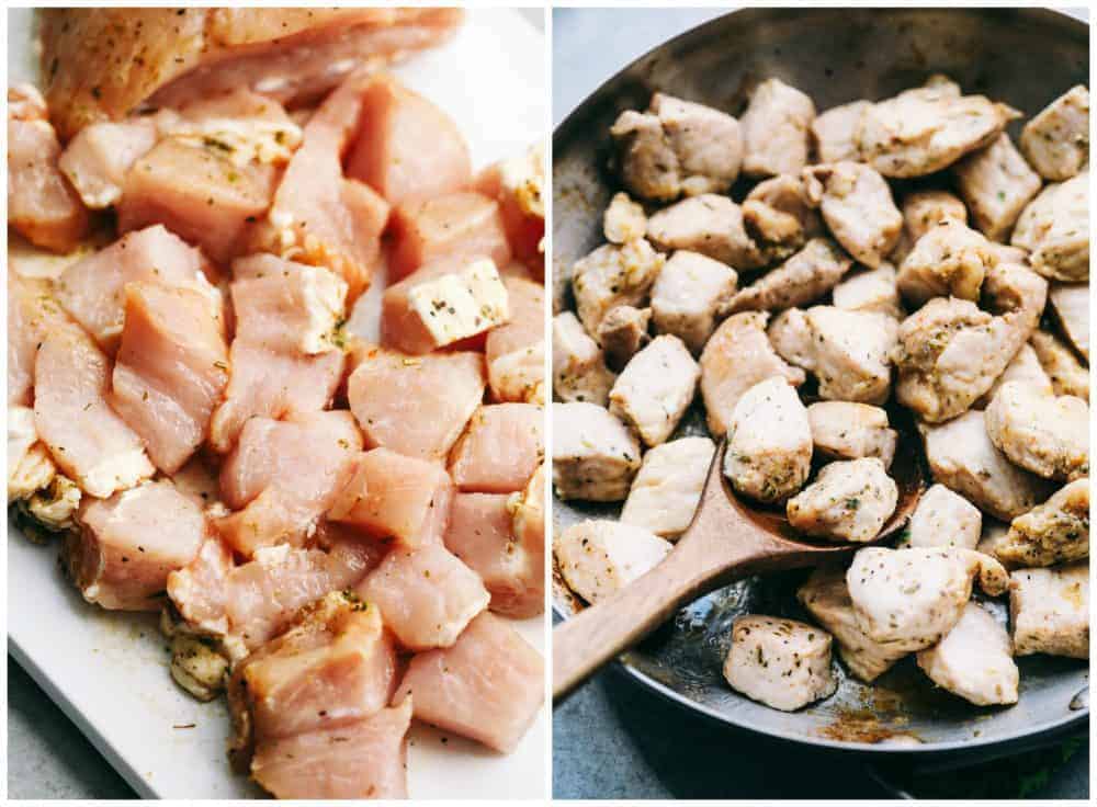 First picture is un-cooked diced pork on a plate. Second picture is cooked pork in a frying pan with a wooden spoon. 