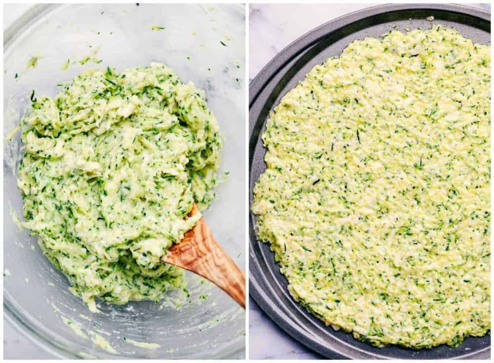 Zucchini crust mixture in a clear bowl then being spread on a pizza pan. 