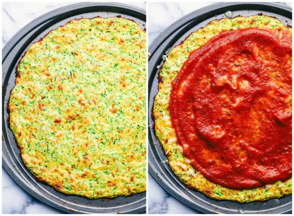 Zucchini crust on a pizza pan if the first picture then pizza sauce being spread over the crust. 