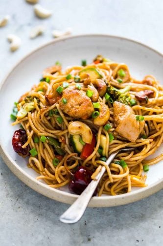 Crispy Cashew Noodles served on a plate