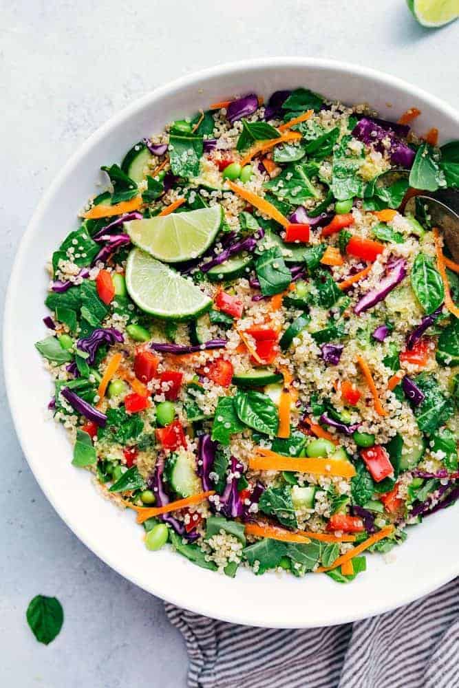 Thai quinoa salad in a white bowl. 