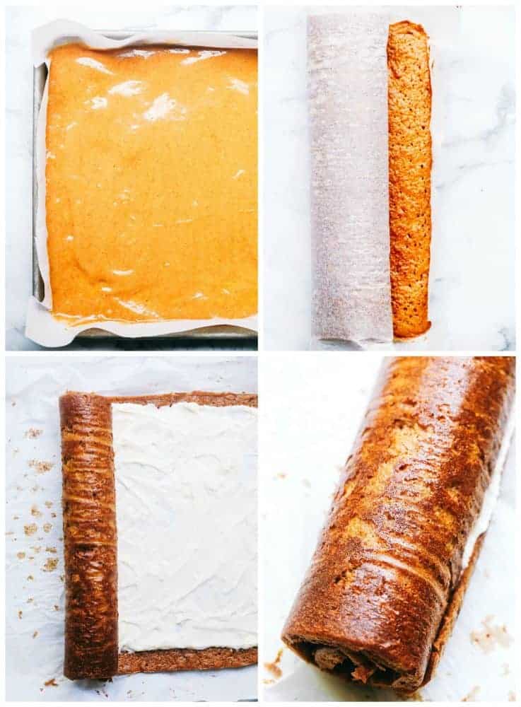 The process to make a Pumpkin Roll described in four photos. Process from batter to adding filling and rolling the roll. 