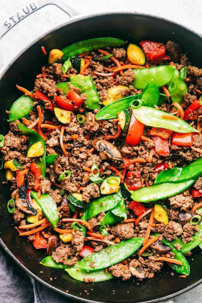 Korean ground beef stir fry in a. Staub stir fry pan. 