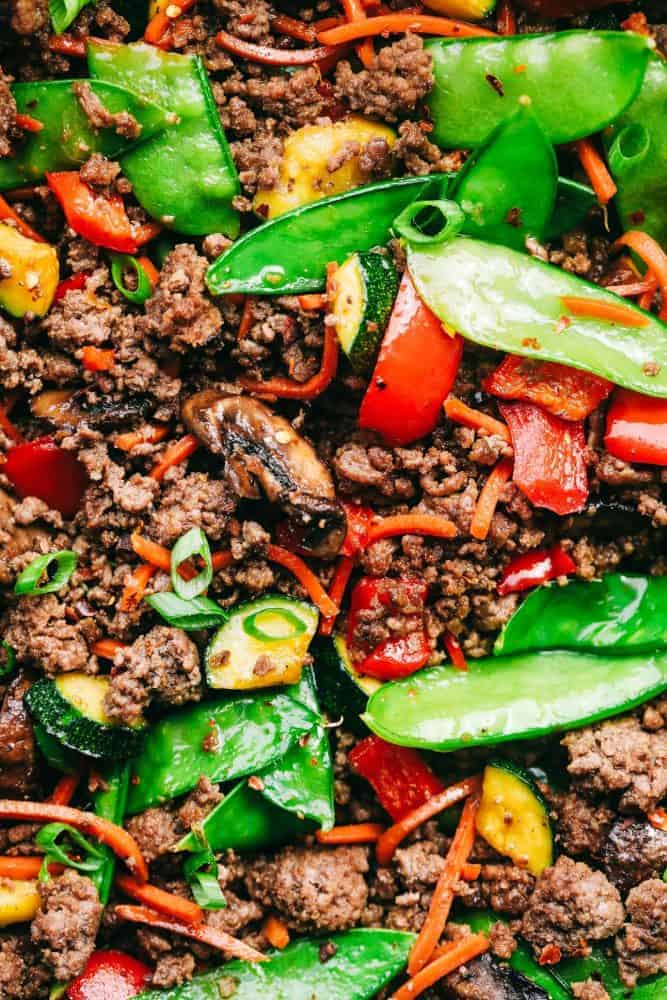 Korean ground beef stir fry up close. 