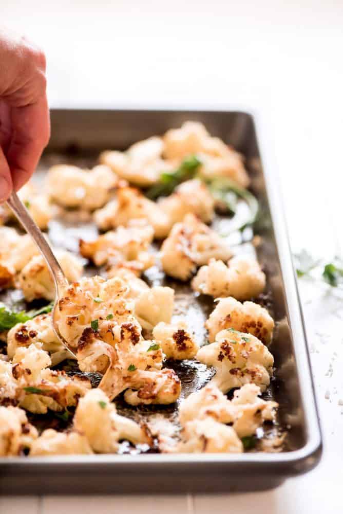 roasted parmesan cauliflower On A baking sheet.