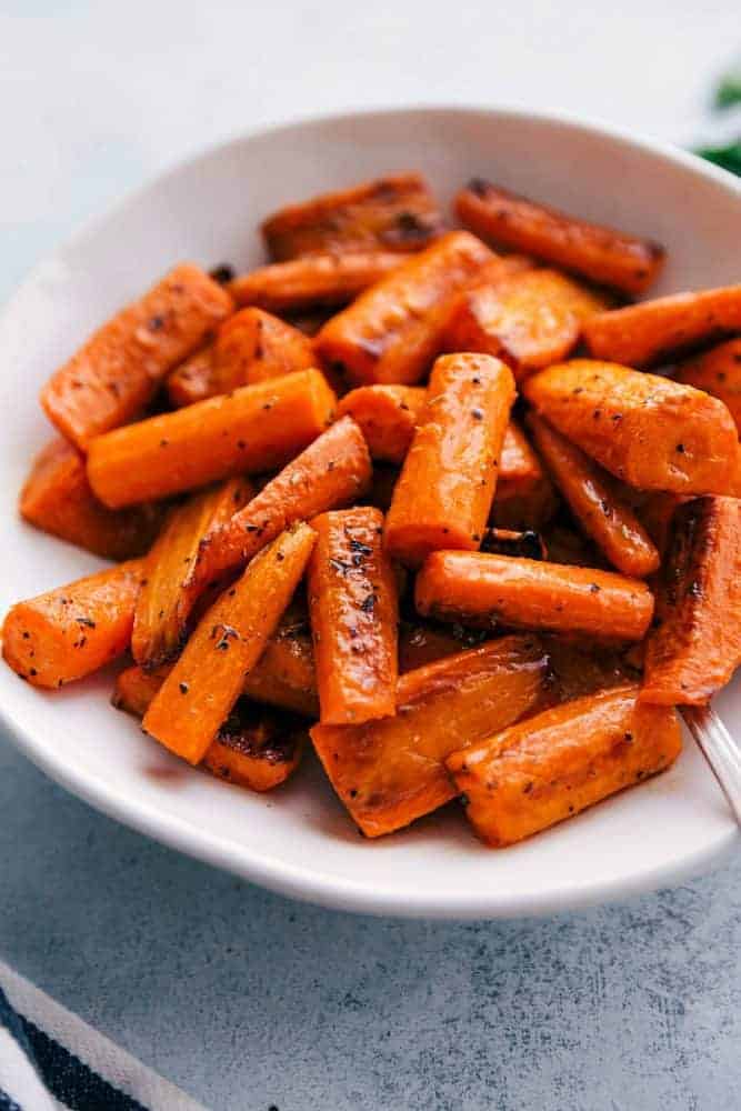 Honey Orange Glazed Carrots in a white bowl. 