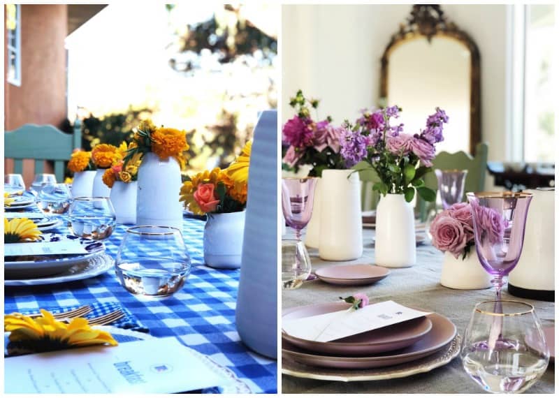 Two photos of table settings. The one of the left with a main color of blue and the left is a main color of purple. 