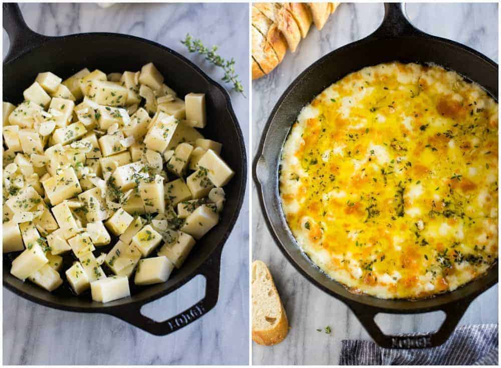 The first photo is the ingredients for baked Fontina in a skillet. The second photo is baked fontina in a skillet.