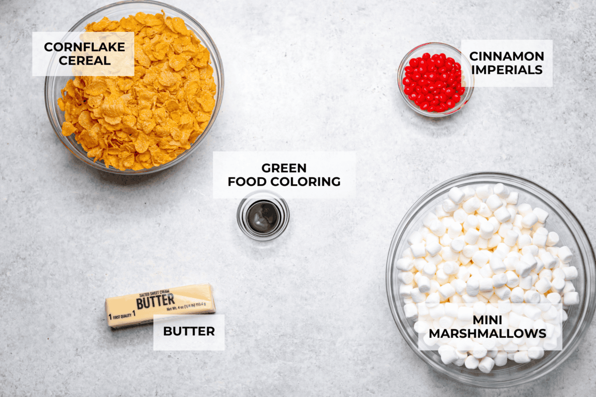 Overhead shot of labeled ingredients for Christmas cornflake wreaths. 