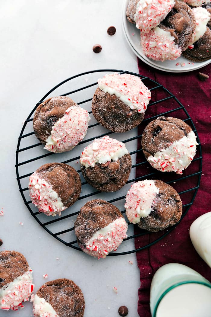 Chocolate peppermint gingersnaps on a cooking rack. 