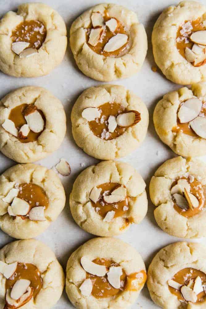 Almond thumbprint cookies with salted caramel center.