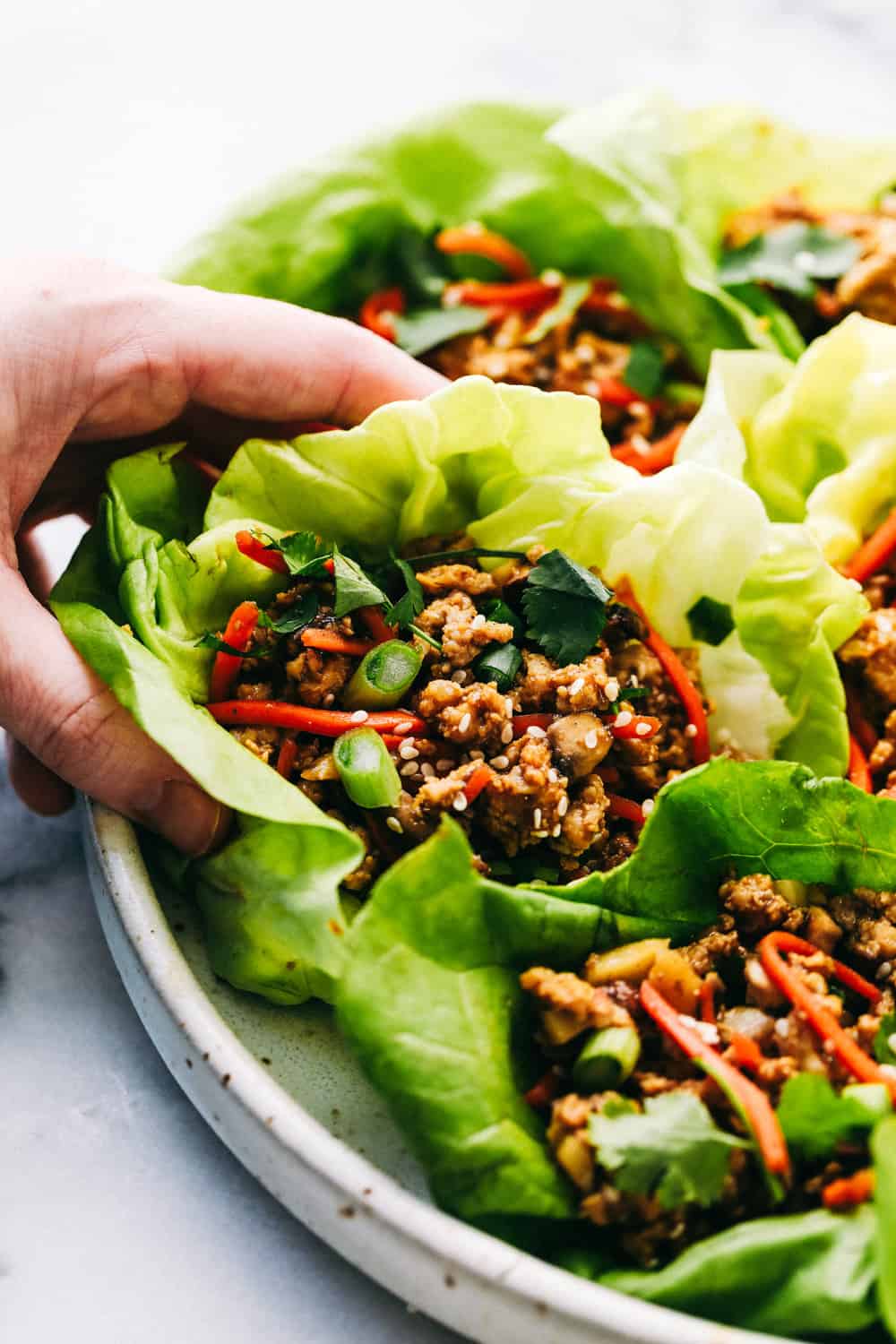 Lettuce wraps on a white plate