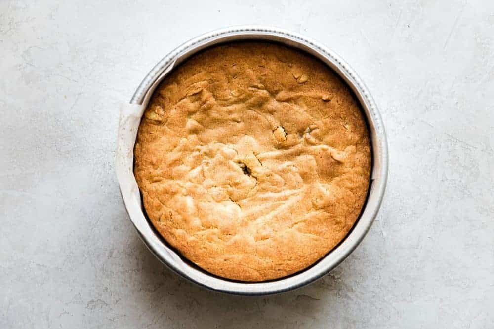 Brown butter almond cake fresh out of the oven before slicing.