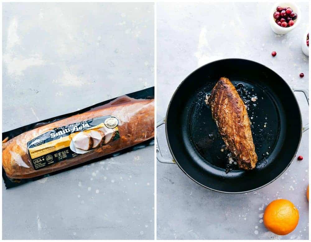 The first picture is Smithfield pork tenderloin. The second picture is Smithfield pork tenderloin in a skillet with an orange and cranberries on the side. 