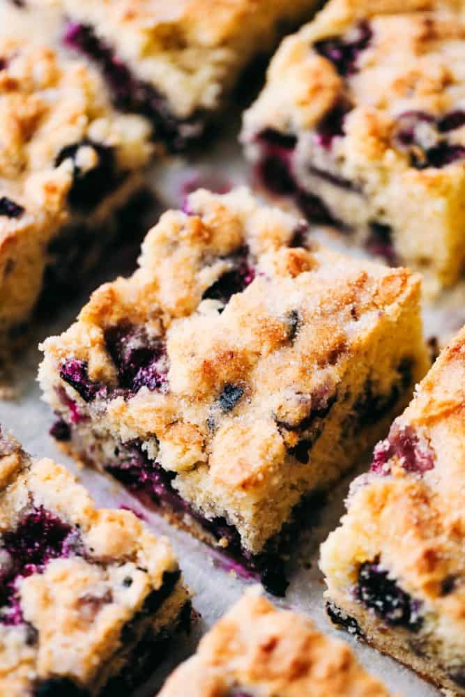 Blueberry buttermilk breakfast cake cut into slices.