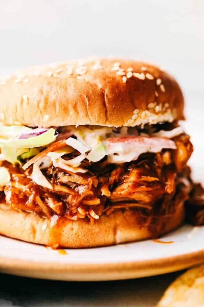 Close up of BBQ chicken sandwich.