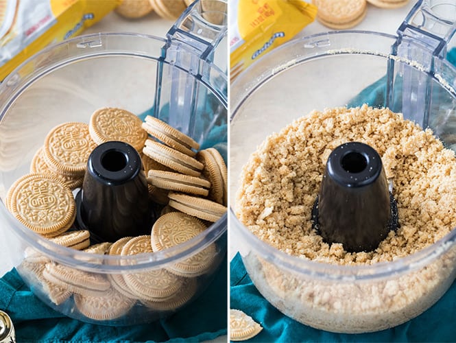 Making a cookie crust in food processor for berry swirl cheesecake bars