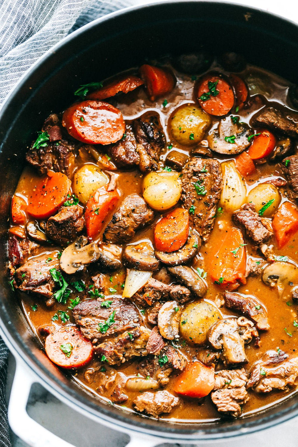 Areal view of Beef Bourguignon.