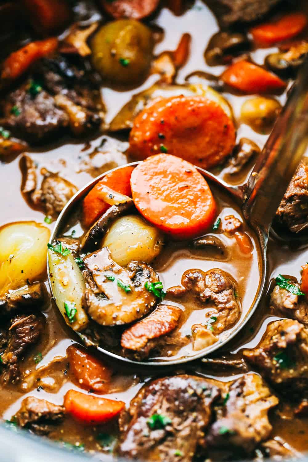 Beef Bourguignon being scooped into a ladle.