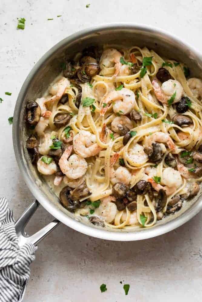 Creamy Shrimp and Mushroom Pasta in a pot.