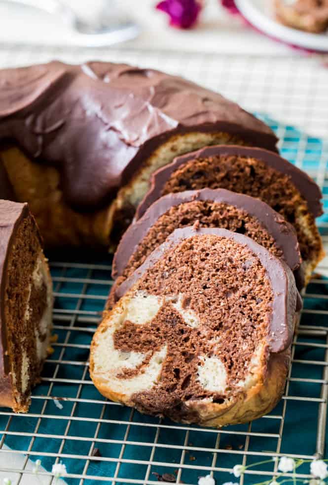 Sliced marble bundt cake.