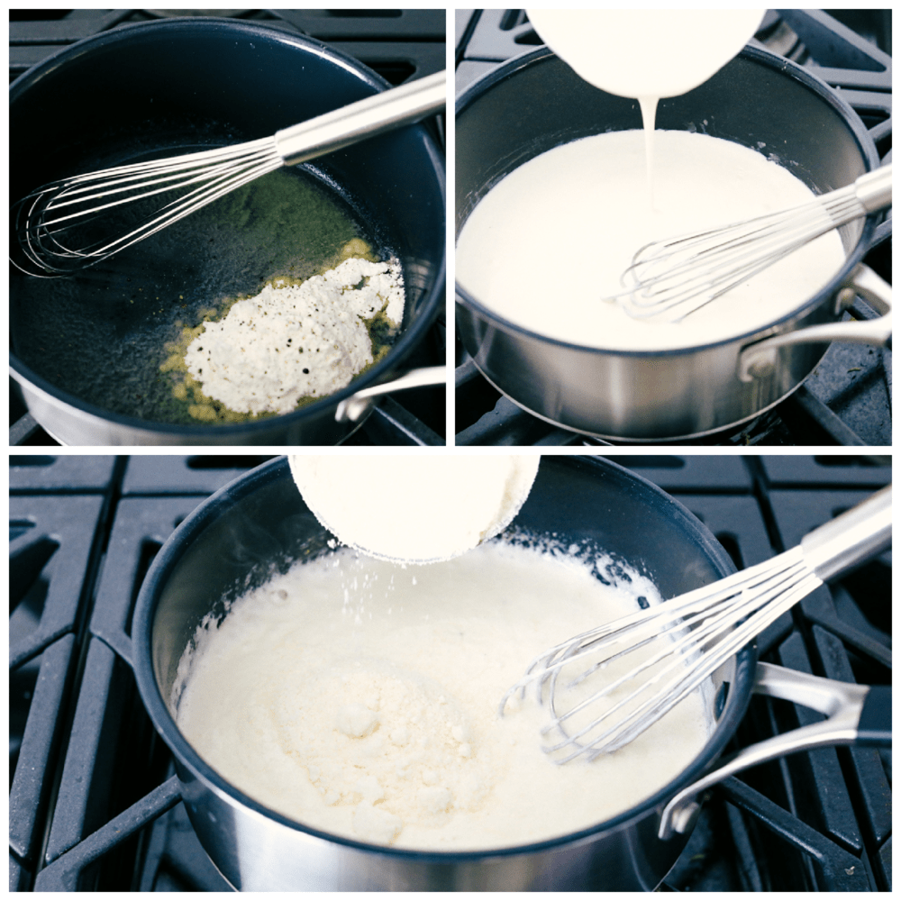 Making the creamy cheese sauce for Parmesan Scalloped Potatoes.