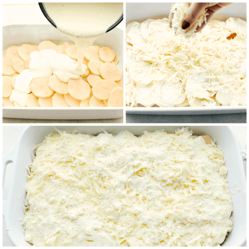 Layering potatoes, cream sauce and cheese for perfect scalloped potatoes.