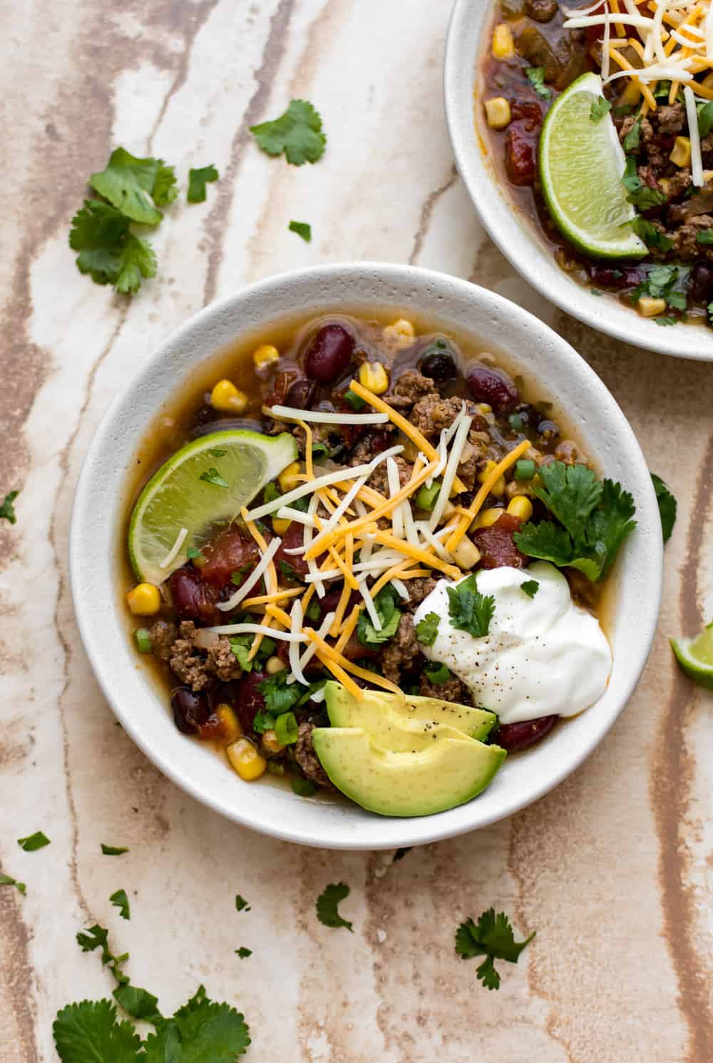 Crockpot Taco Soup in a white bowl.