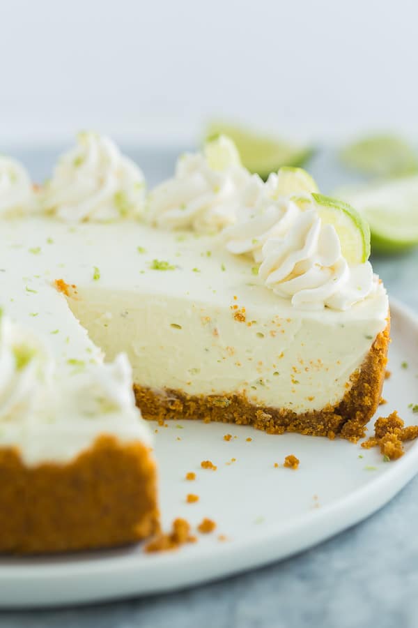 no bake key lime cheesecake on white plate