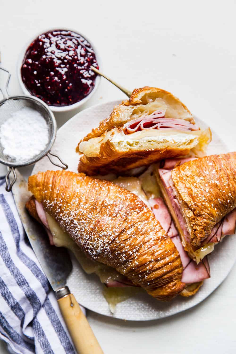 Monte Cristo Croissant Sandwiches on a plate.