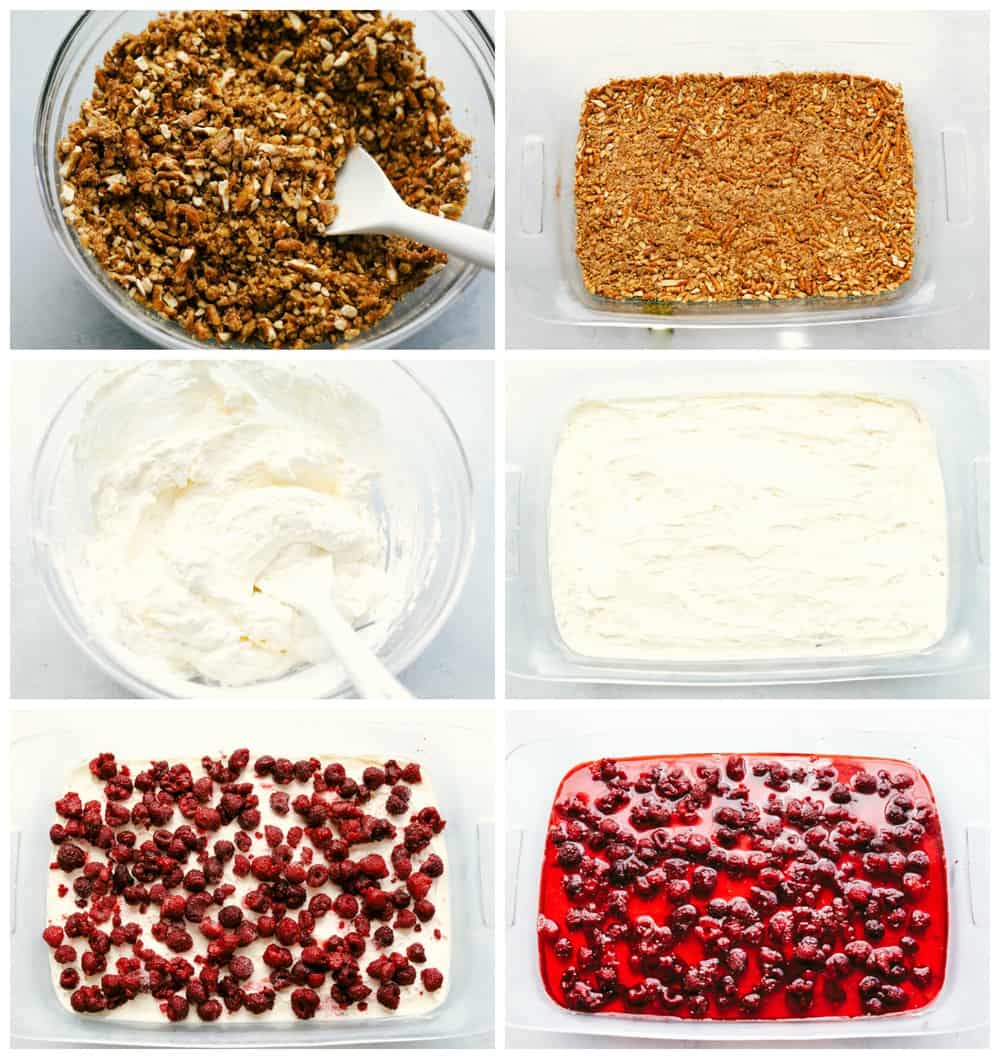 Steps to make raspberry pretzel salad.