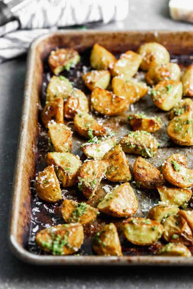 Finished potatoes on a sheet pan.