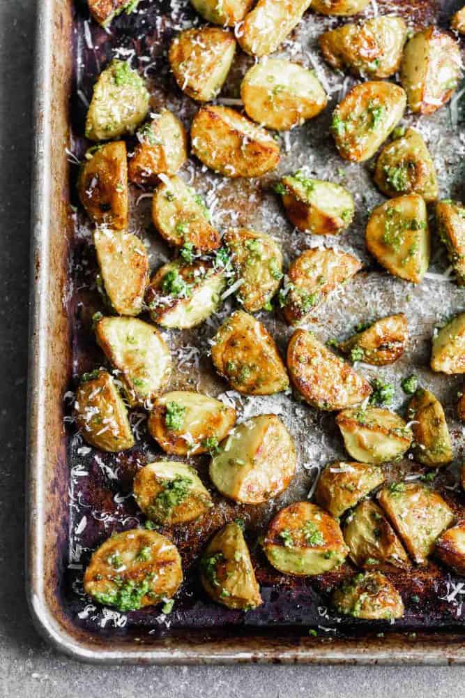 Finished potatoes on a sheet pan.