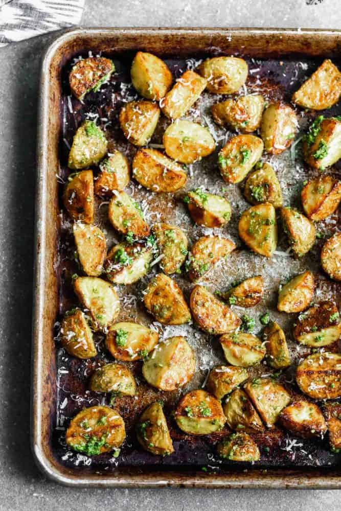 Potatoes after cooking on a sheet pan.