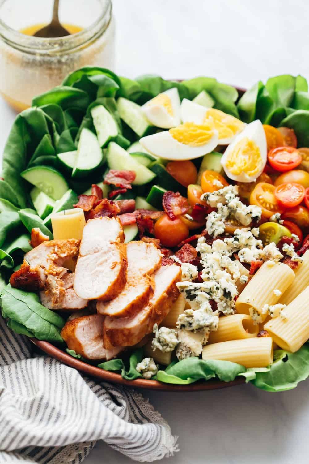 Side angle of pasta cobb salad