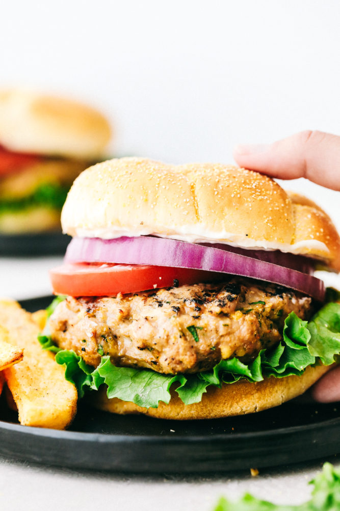 Turkey burger in a bun with red onion, tomatoes and fries on the side. 