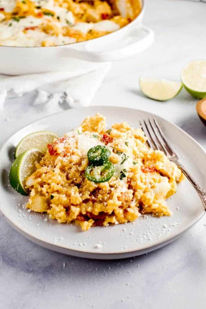 Queso chicken skillet on a plate.