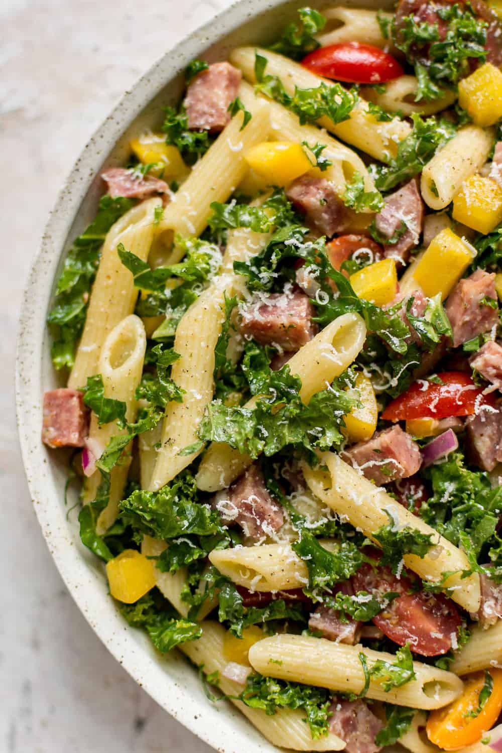 Kale Pasta Salad in a bowl.