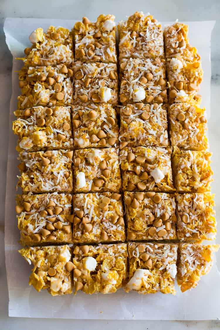 Butterscotch bars cut into servings.