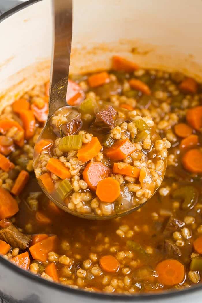 beef barley soup in pot