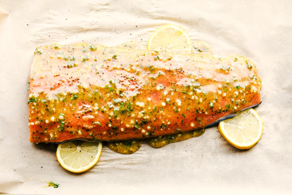 honey garlic dijon broiled salmon on a sheet pan 