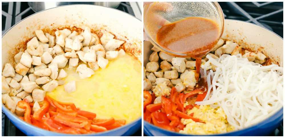 The process of making pad Thai being cooking in a dutch oven on the stove top. 