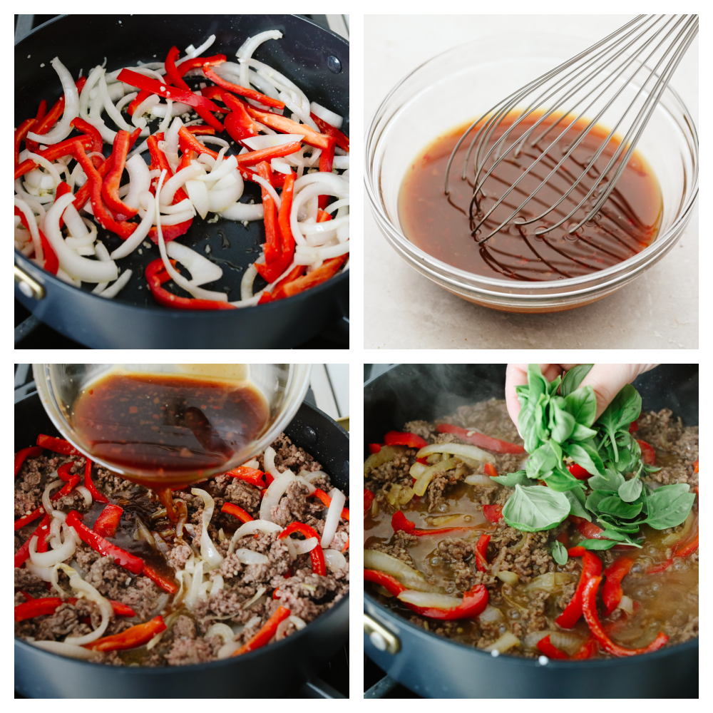 4 images showing the steps to making Thai basil beef. 