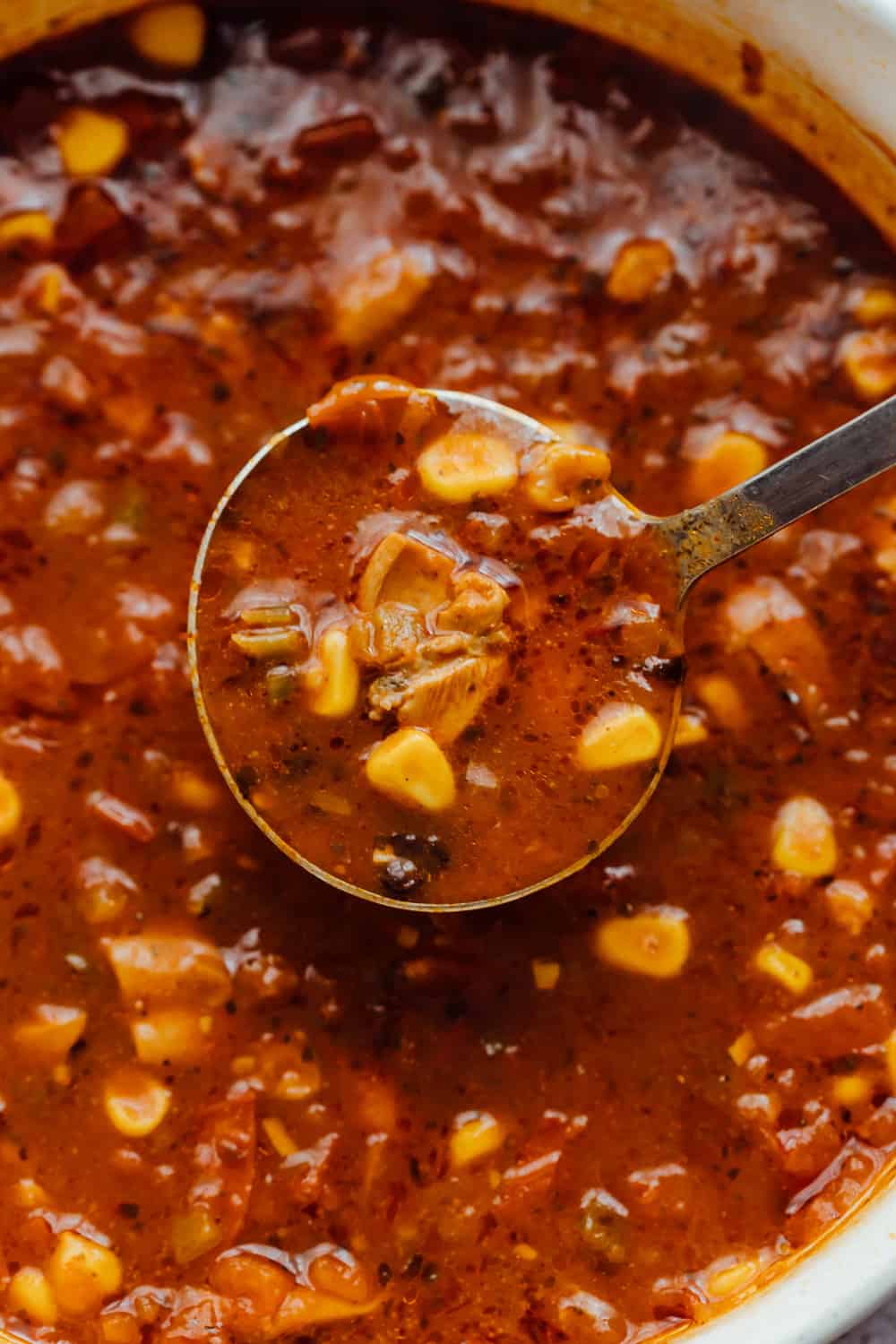 Closeup of a ladleful of chicken tortilla soup