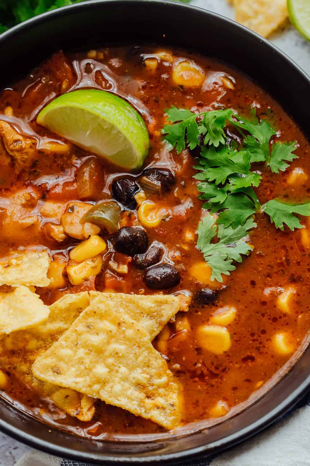 Closeup of chicken tortilla soup