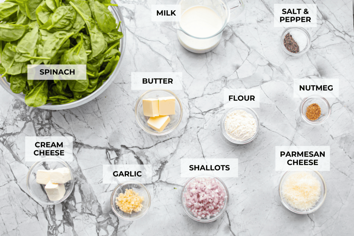 Ingredients listed and labeled to make creamed spinach.