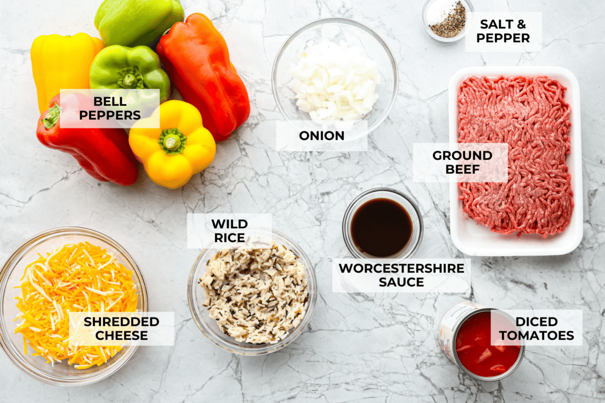 Overhead shot of labeled ingredients.