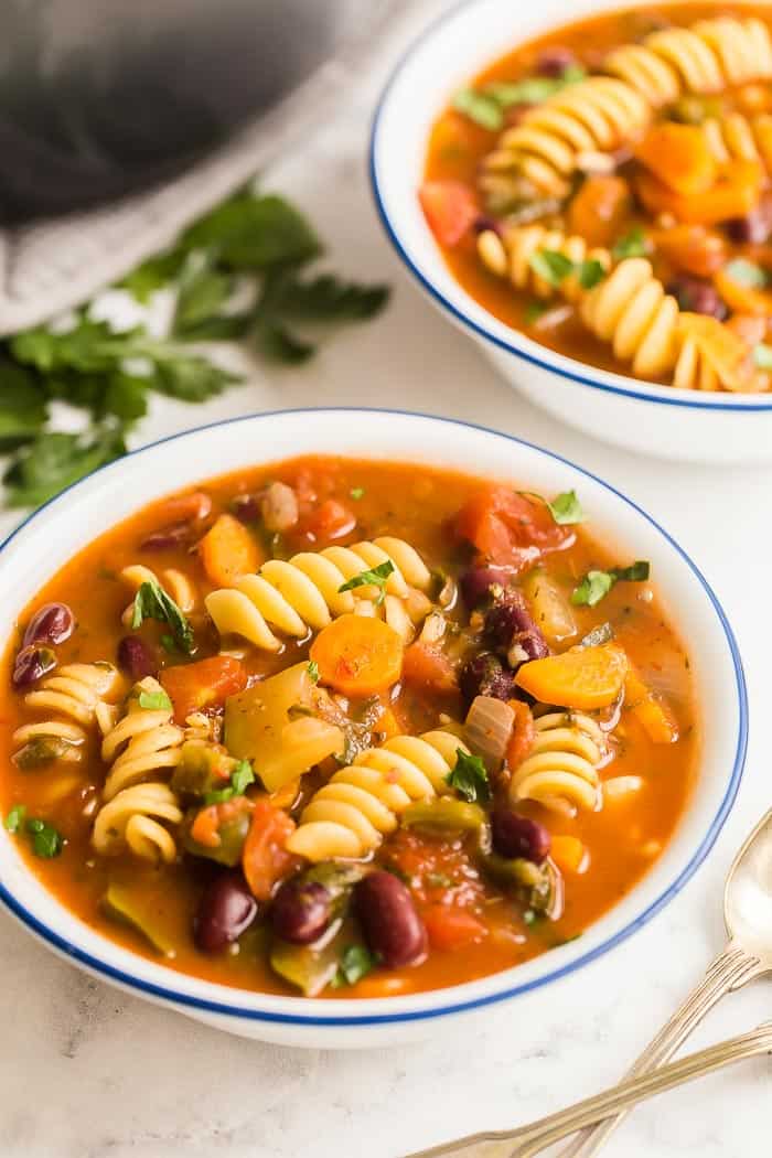 minestrone soup in white bowl