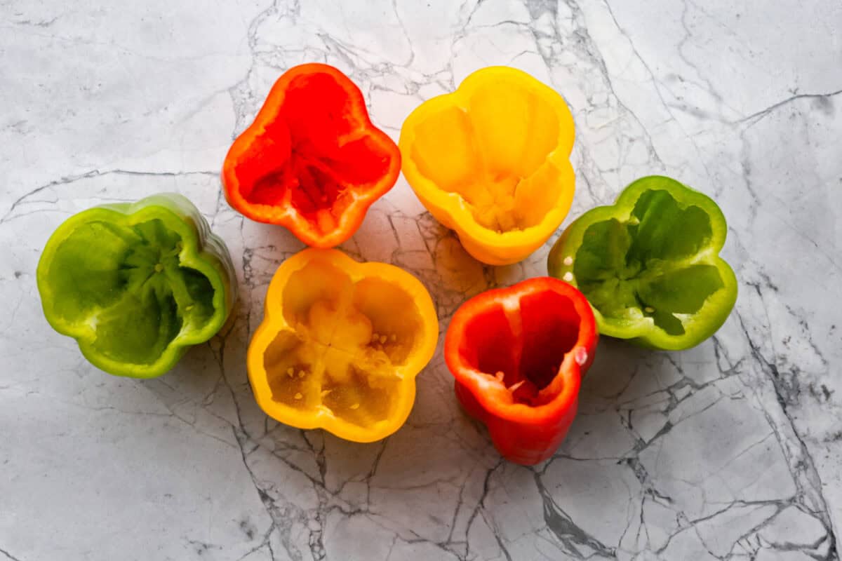 Overhead shot of prepped peppers. 