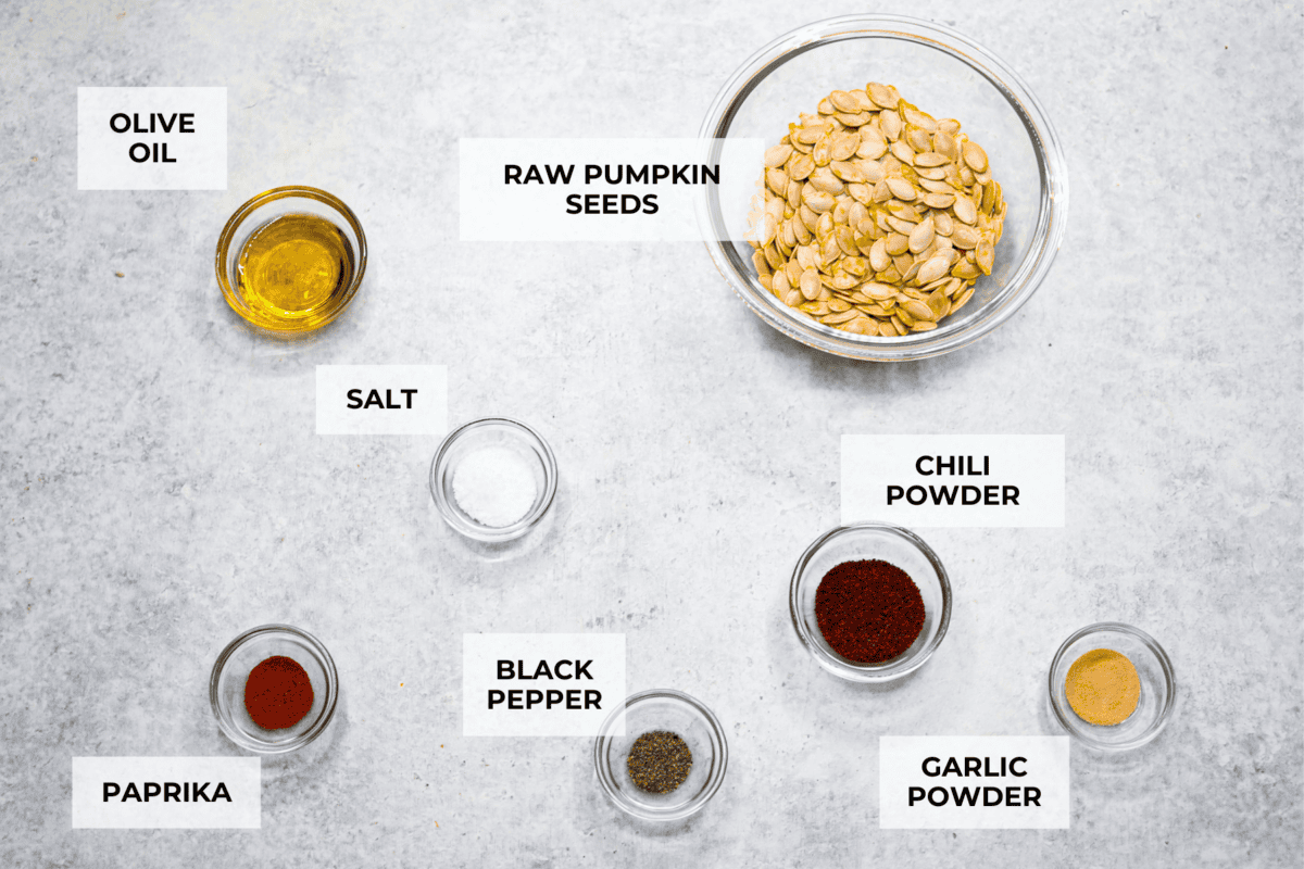 Overhead shot of labeled ingredients. 